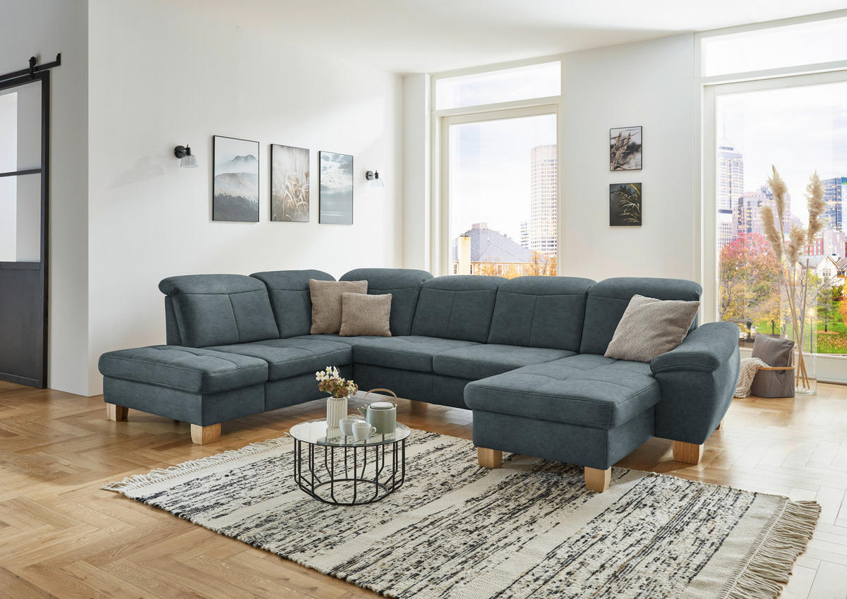 WOHNLANDSCHAFT Blau Mikrofaser  - Wildeiche/Blau, KONVENTIONELL, Holz/Textil (243/343/185cm) - Voleo