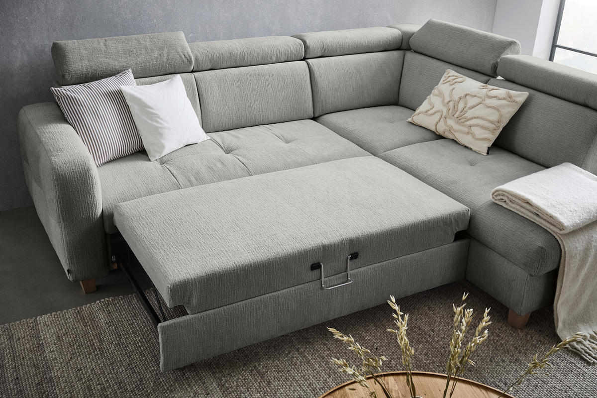 ECKSOFA inkl. Funktionen Dunkelgrau Samt  - Dunkelgrau, Natur, Holz/Textil (261/206cm) - Venda