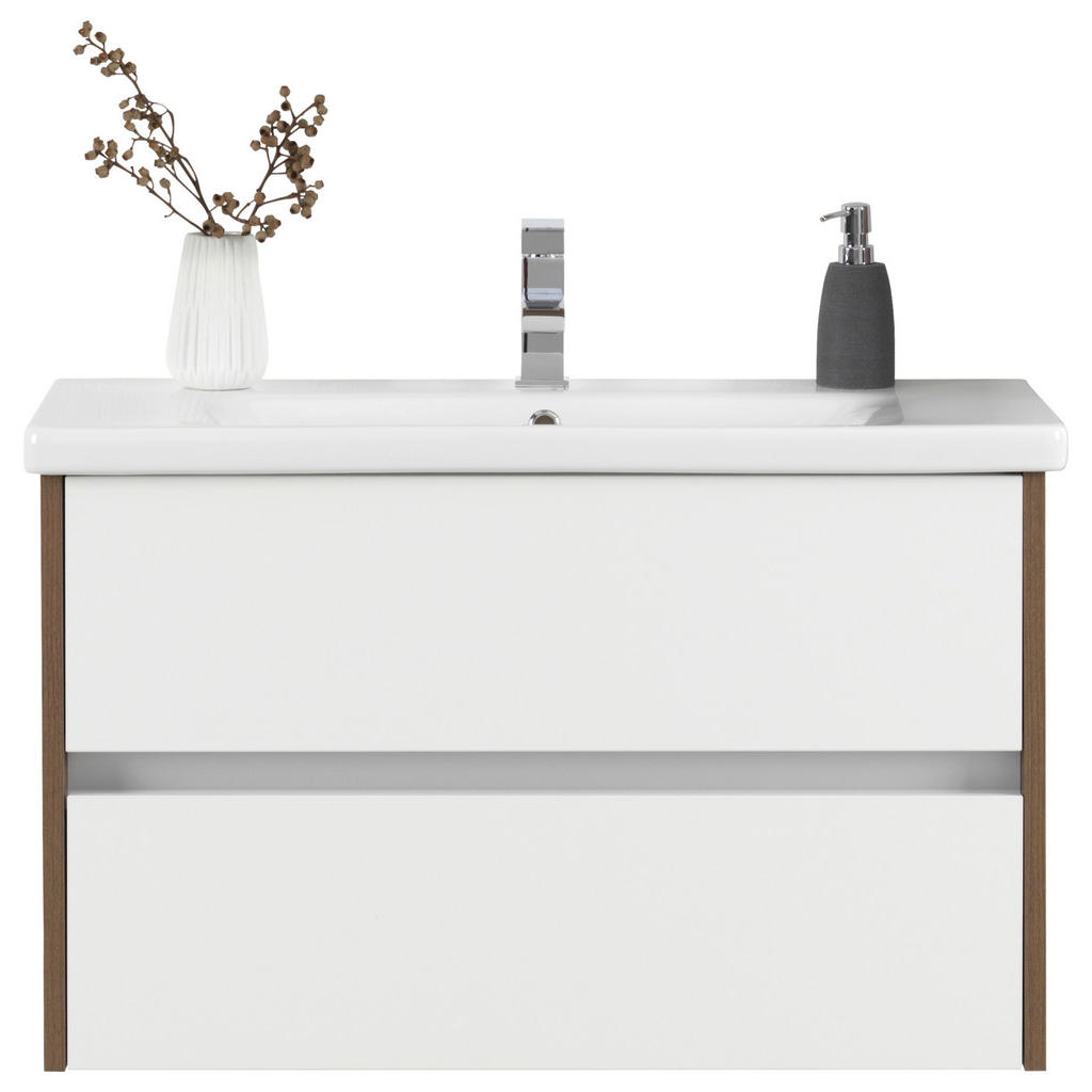 Thumbnail - Voleo Waschtischkombi Louisiana, Weiß, Nussbaum, Weiß Hochglanz, Holzwerkstoff, 2 Schubladen, 90 cm, Made in Germany, hä...