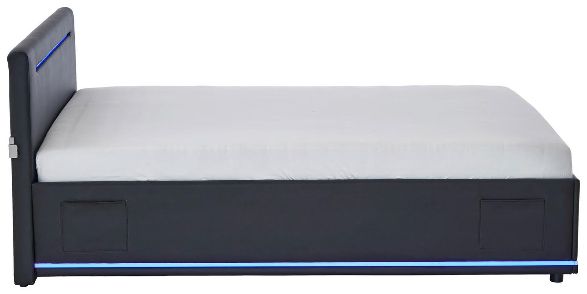 POLSTERBETT 120/200 cm,  in Schwarz, Beleuchtung, Lattenrost, Bettkasten,  - Birkefarben/Buchefarben, Design, Holz/Kunststoff (120/200cm) - Xora