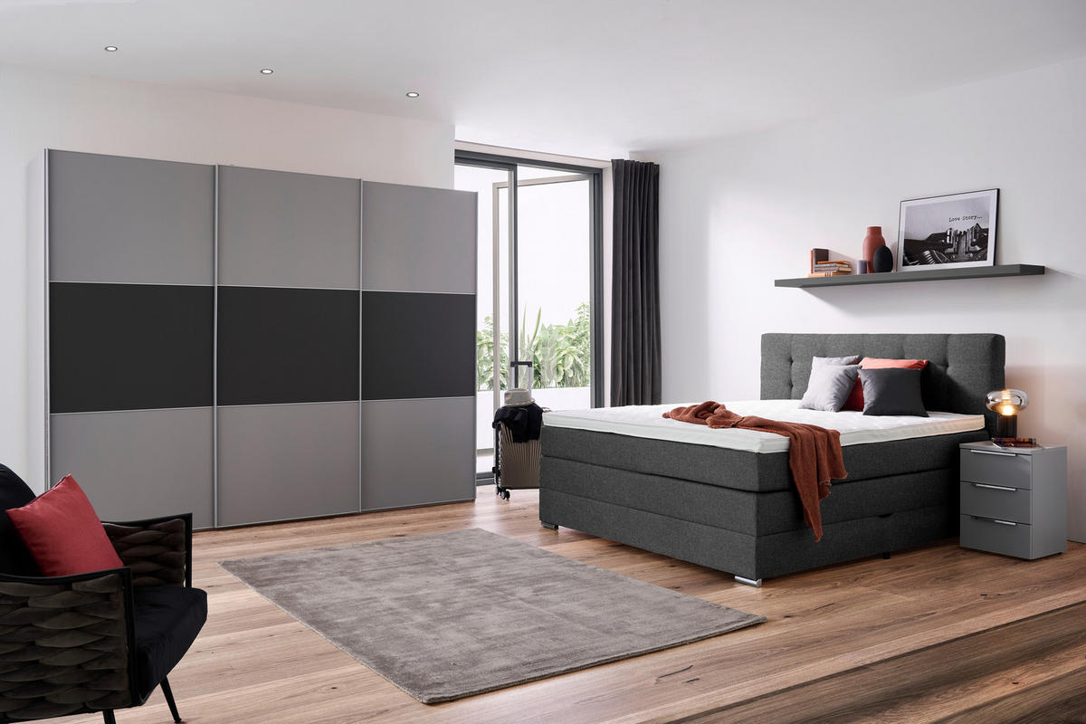 BOXSPRINGBETT 140/200 cm,  in Dunkelgrau, Matratze, Bettkasten, Topper, H3 = fest  - Dunkelgrau/Silberfarben, KONVENTIONELL, Holz/Holzwerkstoff (140/200cm) - Moderano
