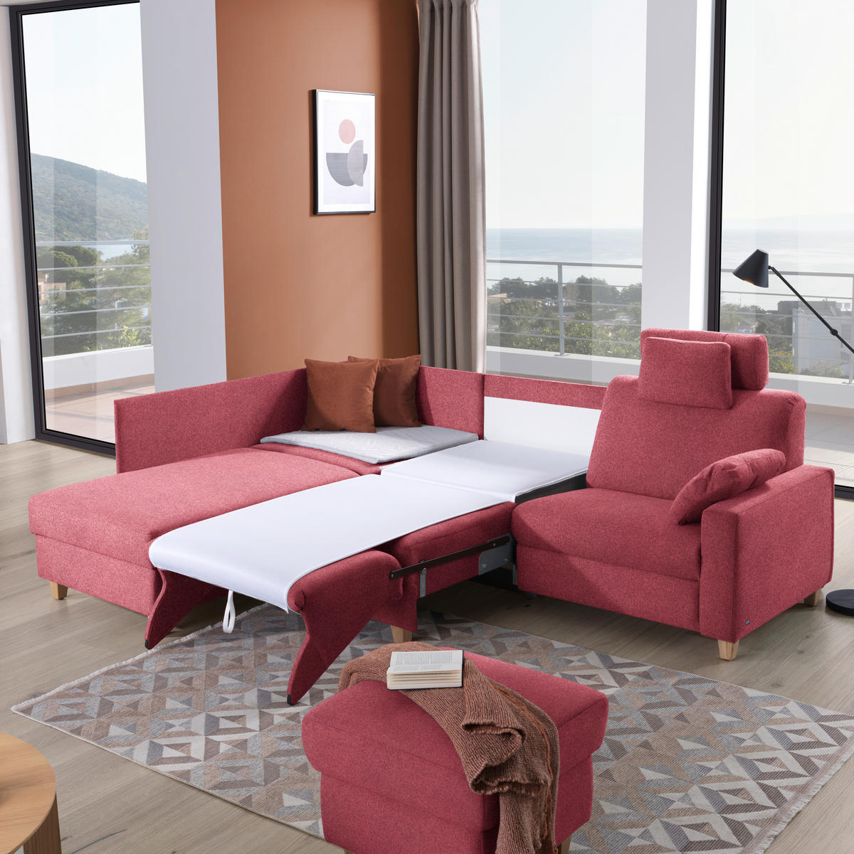 ECKSOFA in Flachgewebe Bordeaux  203/261 cm  - Eichefarben/Bordeaux, KONVENTIONELL, Holz/Textil (203/261cm) - Sedda