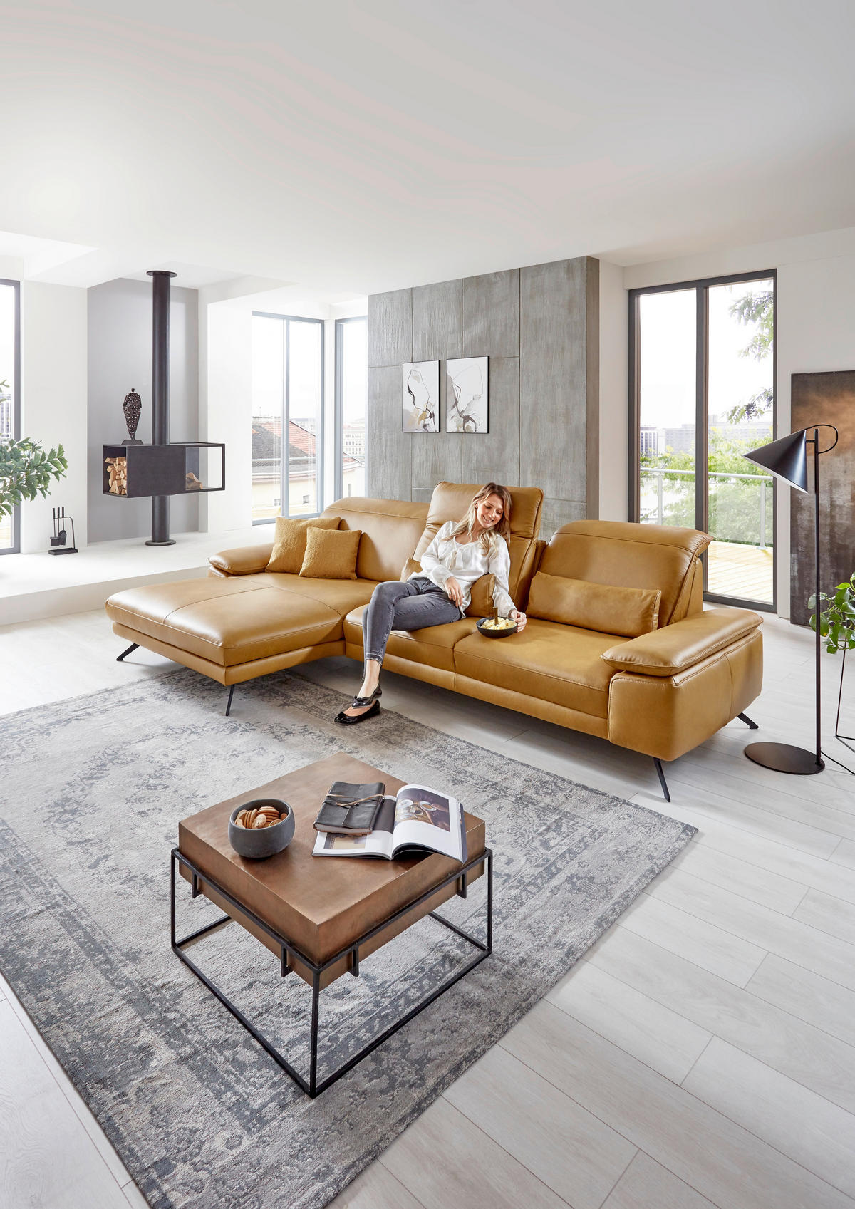 ECKSOFA in Echtleder Hellbraun  - Hellbraun/Schwarz, Design, Leder/Metall (328/193cm) - Dieter Knoll