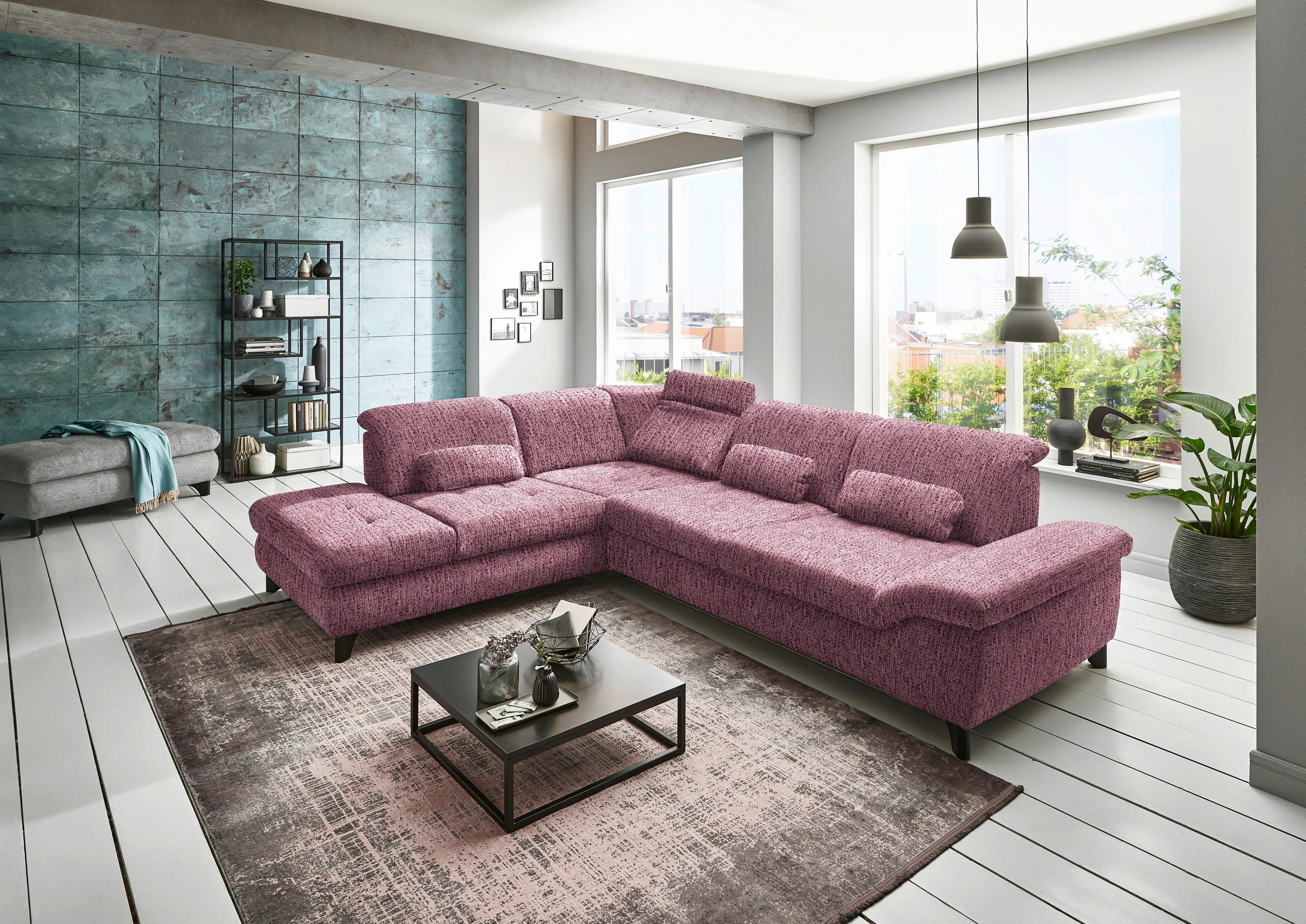 ECKSOFA in Webstoff Rot  - Rot/Alufarben, Design, Textil/Metall (260/319cm) - Beldomo Style