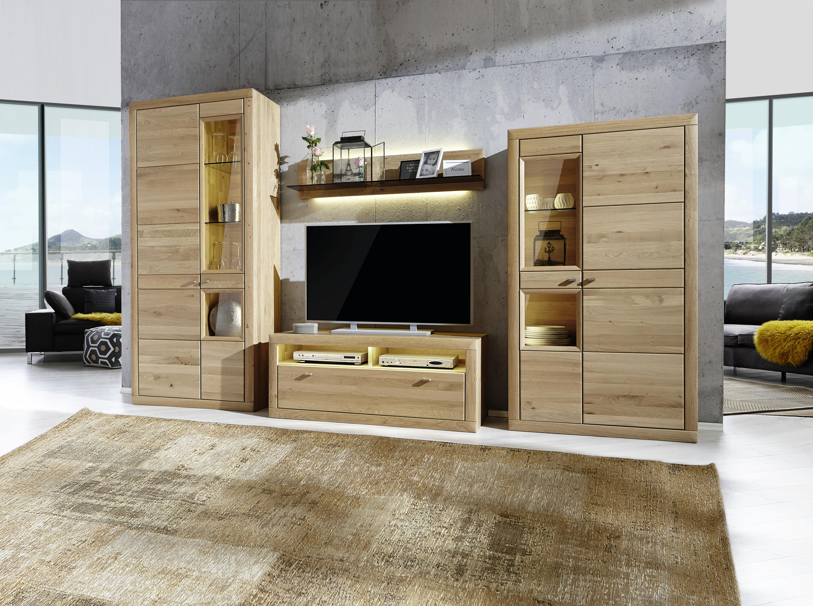 WOHNWAND Segrino  in Eichefarben  348,6/205,2/54,9 cm  - Edelstahlfarben/Eichefarben, KONVENTIONELL, Glas/Holz (348,6/205,2/54,9cm) - Valdera