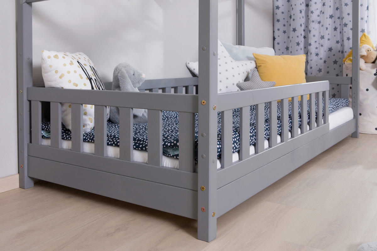 HAUSBETT  in Hellgrau, Absturzsicherung, Matratze, Rollrost, Bettkasten  - Hellgrau/Weiß, MODERN, Holz/Textil (90/200cm) - MID.YOU