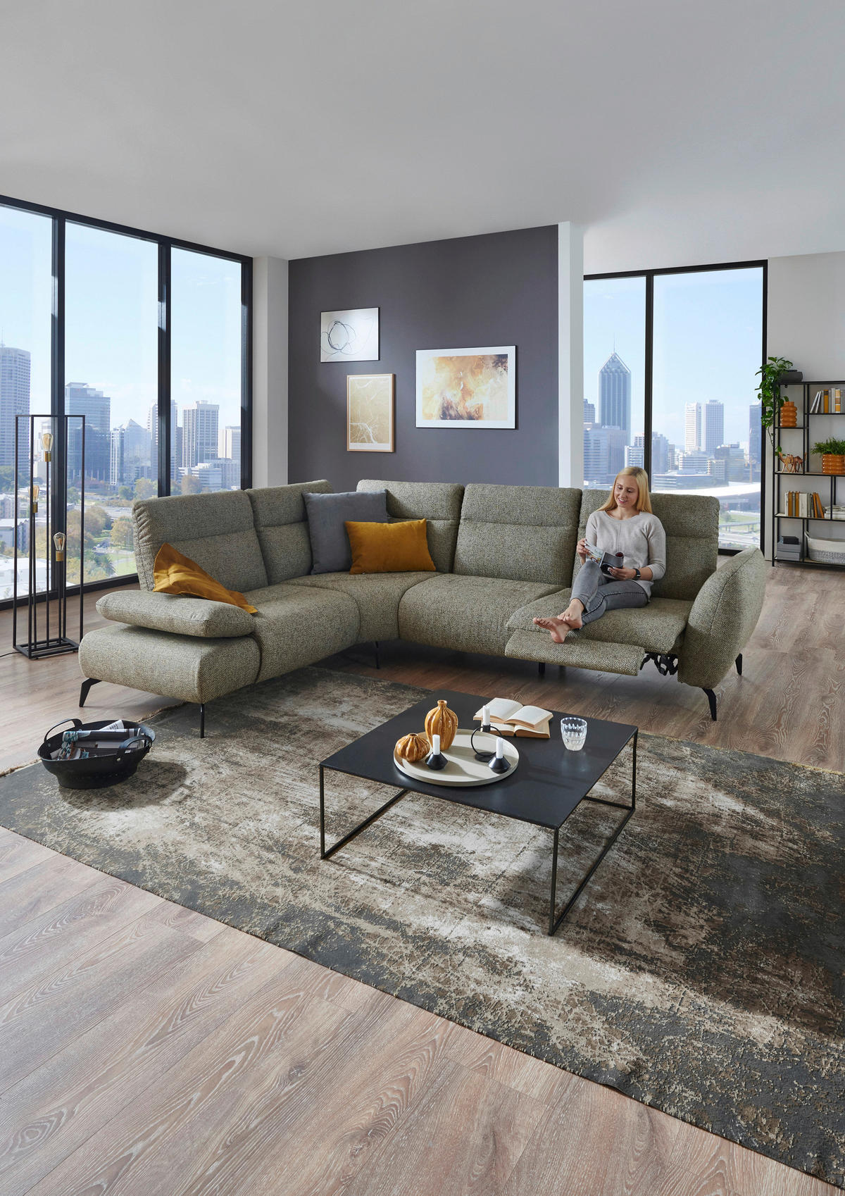 ECKSOFA in Webstoff Graubraun  - Graubraun/Schwarz, Design, Textil/Metall (223/290cm) - Moderano