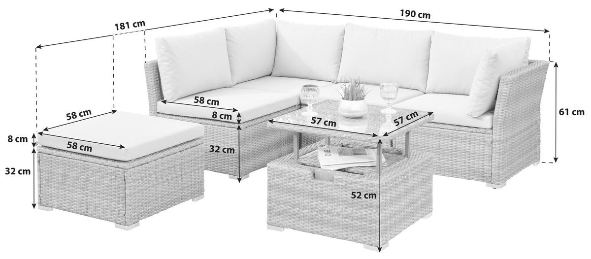 ZAHRADNÍ SEDACÍ SOUPRAVA 14dílné, kov, plast, sklo, textil - šedá, Konvenční, kov/textil (190/40/181cm) - Gardenson