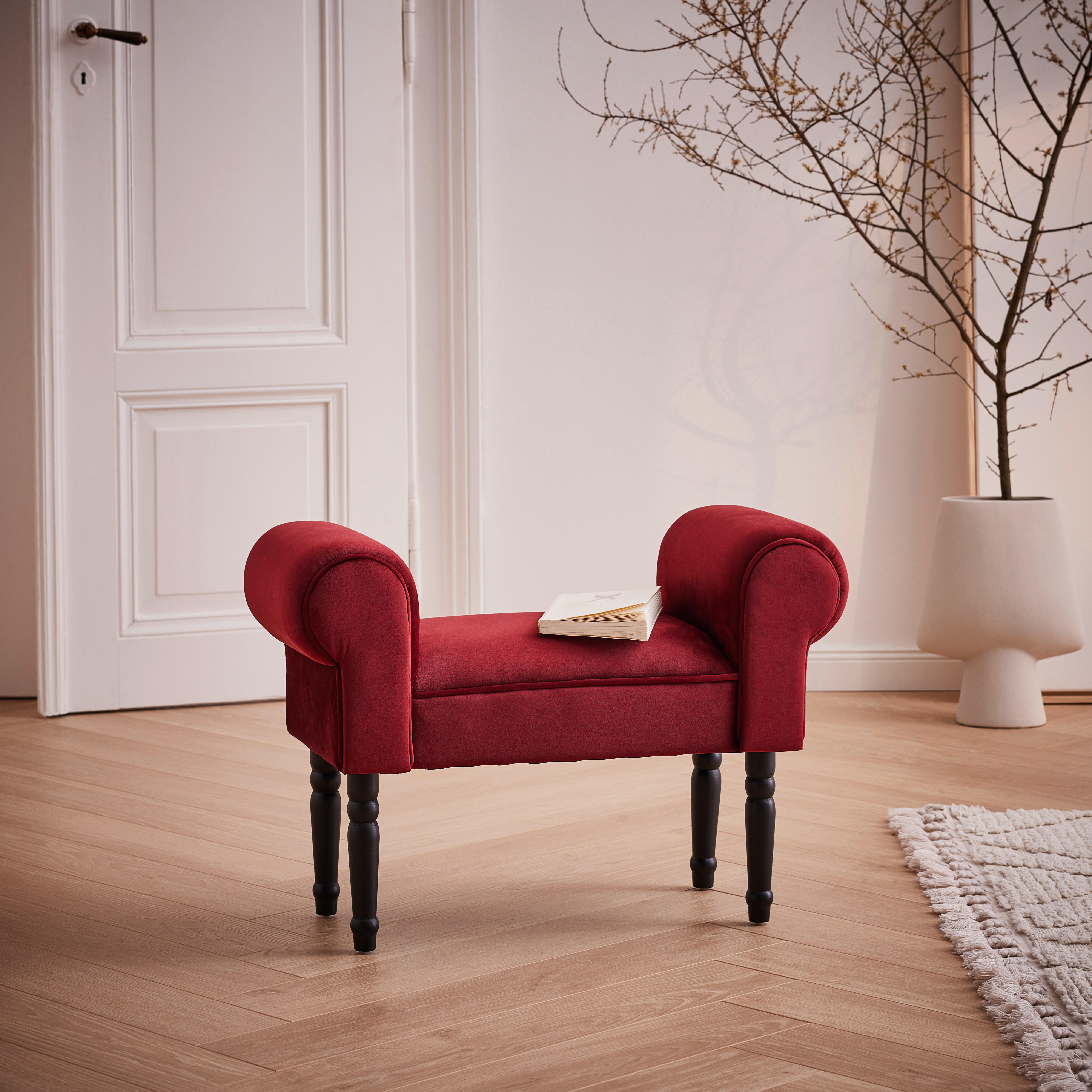 TABURET in lemn, textil negru, roșu burgund  - roșu burgund/negru, Trend, lemn/textil (76/54/30cm) - Xora