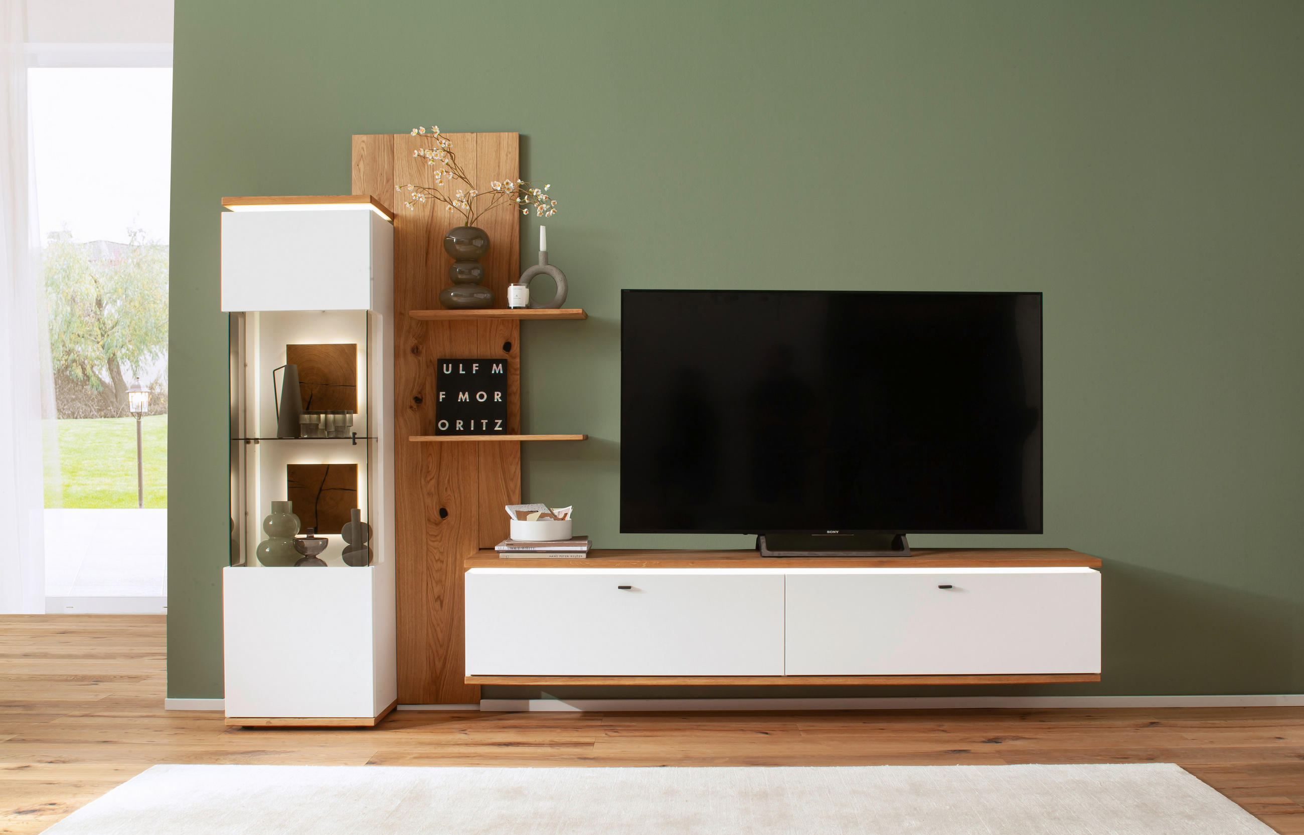 DNEVNI REGAL, bela, hrast bianco - bela/hrast bianco, Design, kovina/steklo (303/203/50cm) - Hom`in