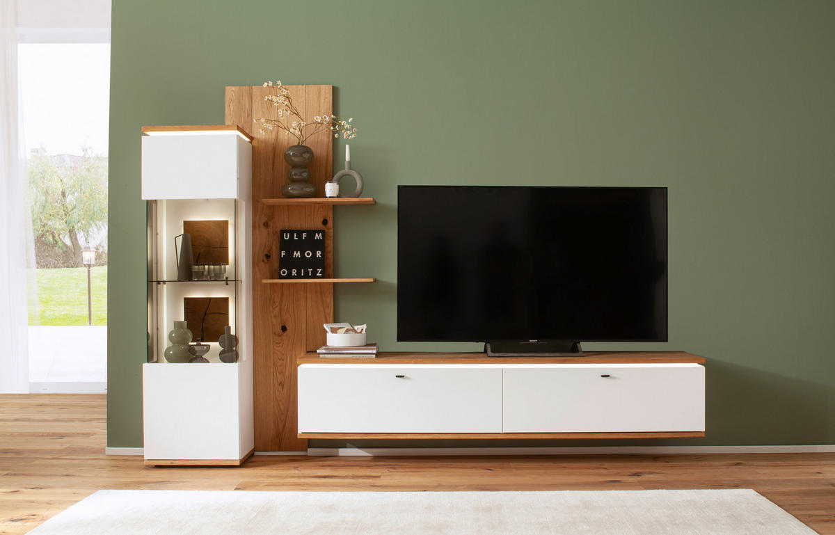 WOHNWAND  in Weiß, Eiche Bianco  303/203/50 cm  - Eiche Bianco/Anthrazit, Design, Glas/Holz (303/203/50cm) - Novel