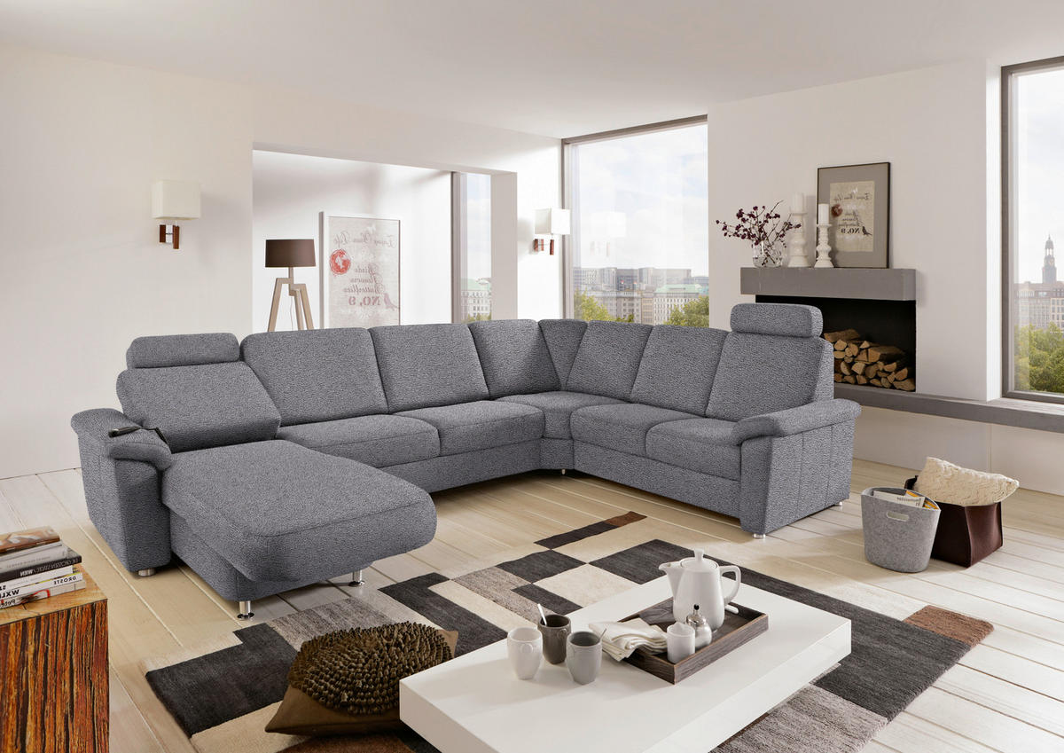 WOHNLANDSCHAFT in Flachgewebe Grau  - Chromfarben/Grau, Konventionell, Textil/Metall (163/336/240cm) - Beldomo System
