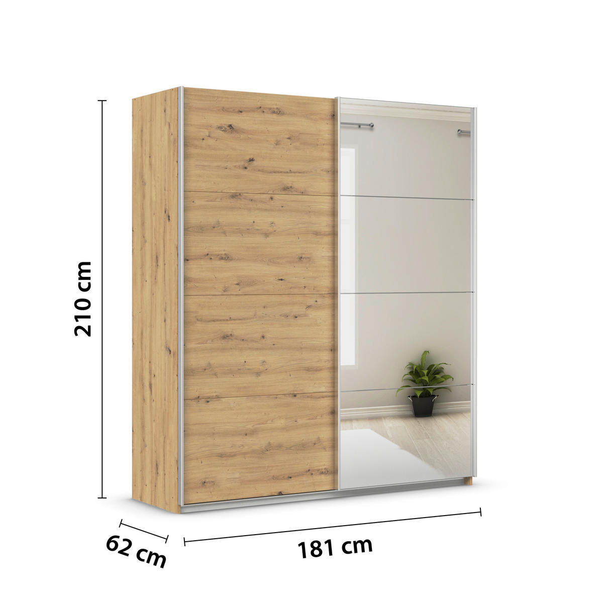 SCHWEBETÜRENSCHRANK  in Eiche Artisan  - Alufarben/Eiche Artisan, KONVENTIONELL, Glas/Holzwerkstoff (181/210/62cm) - Xora