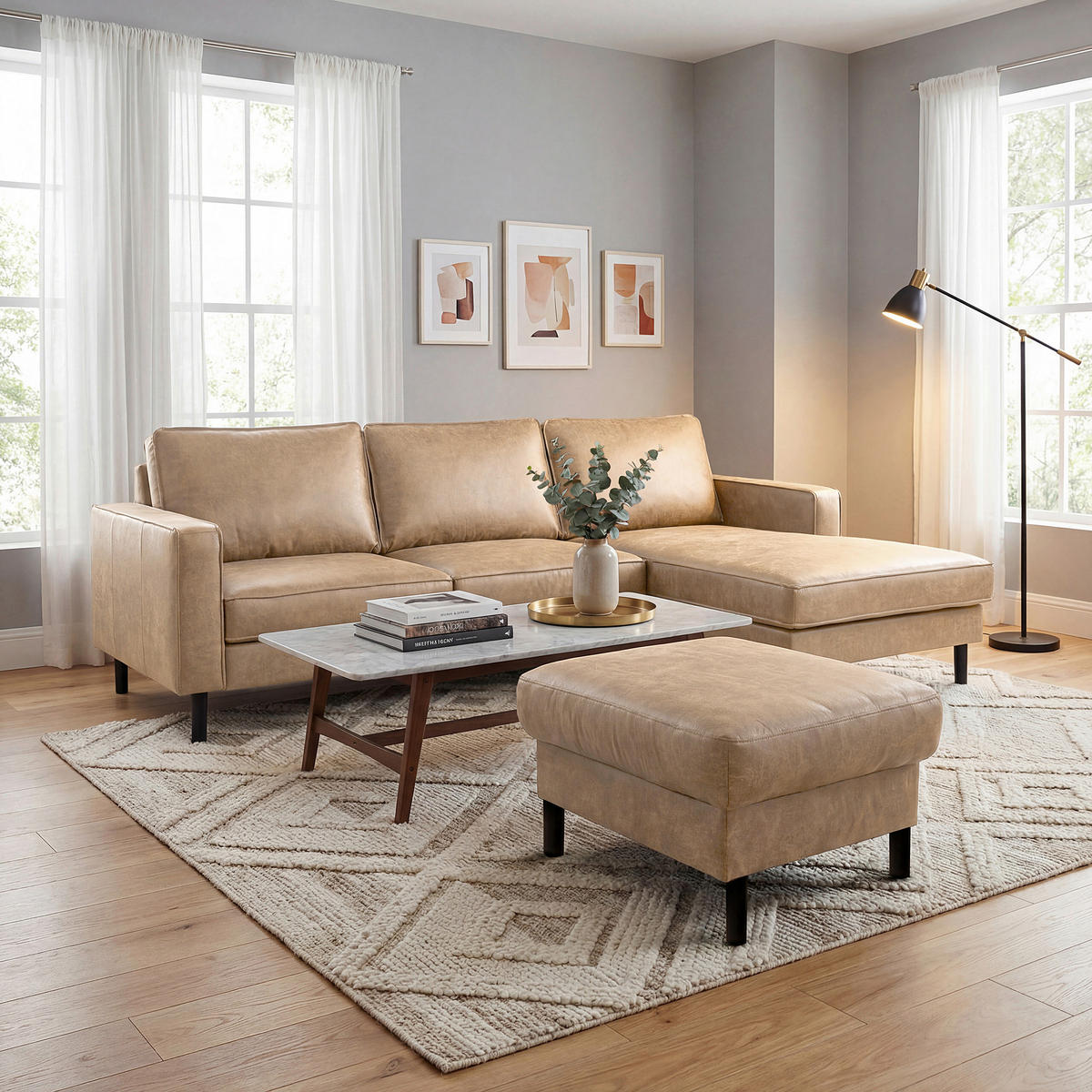 ECKSOFA Lederlook Echtleder Sandfarben  - Sandfarben/Schwarz, Design, Leder/Textil (166/238cm) - Livetastic