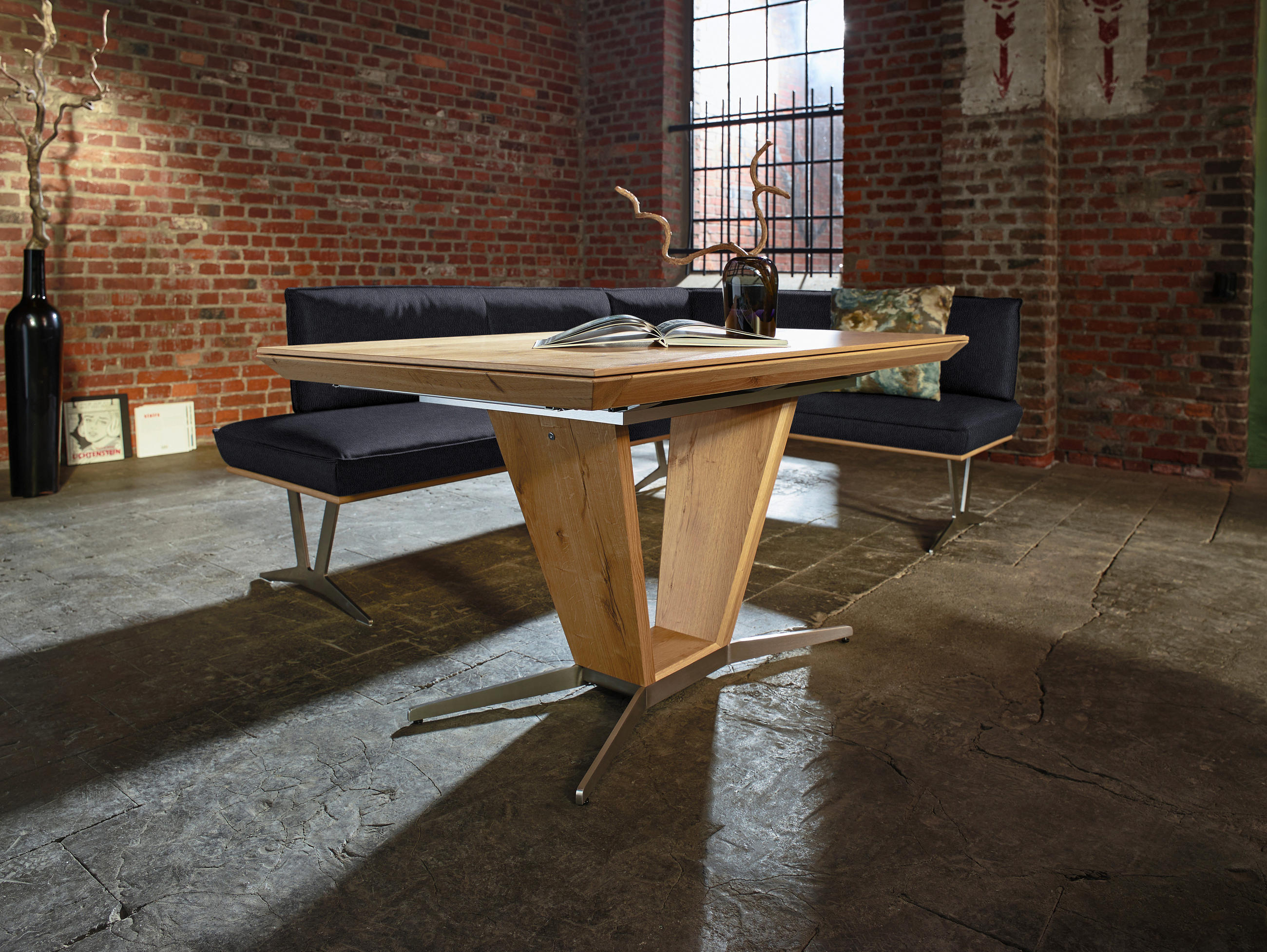ECKBANK in Holz, Metall, Leder Schwarz  - Edelstahlfarben/Beige, Design, Leder/Holz (237/162cm) - Ambiente