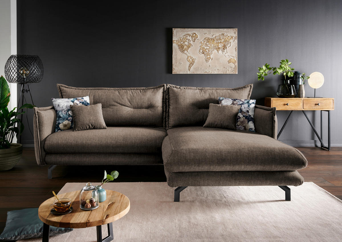 ECKSOFA Braun Velours  - Türkis/Schwarz, MODERN, Textil/Metall (255/180cm) - Livetastic