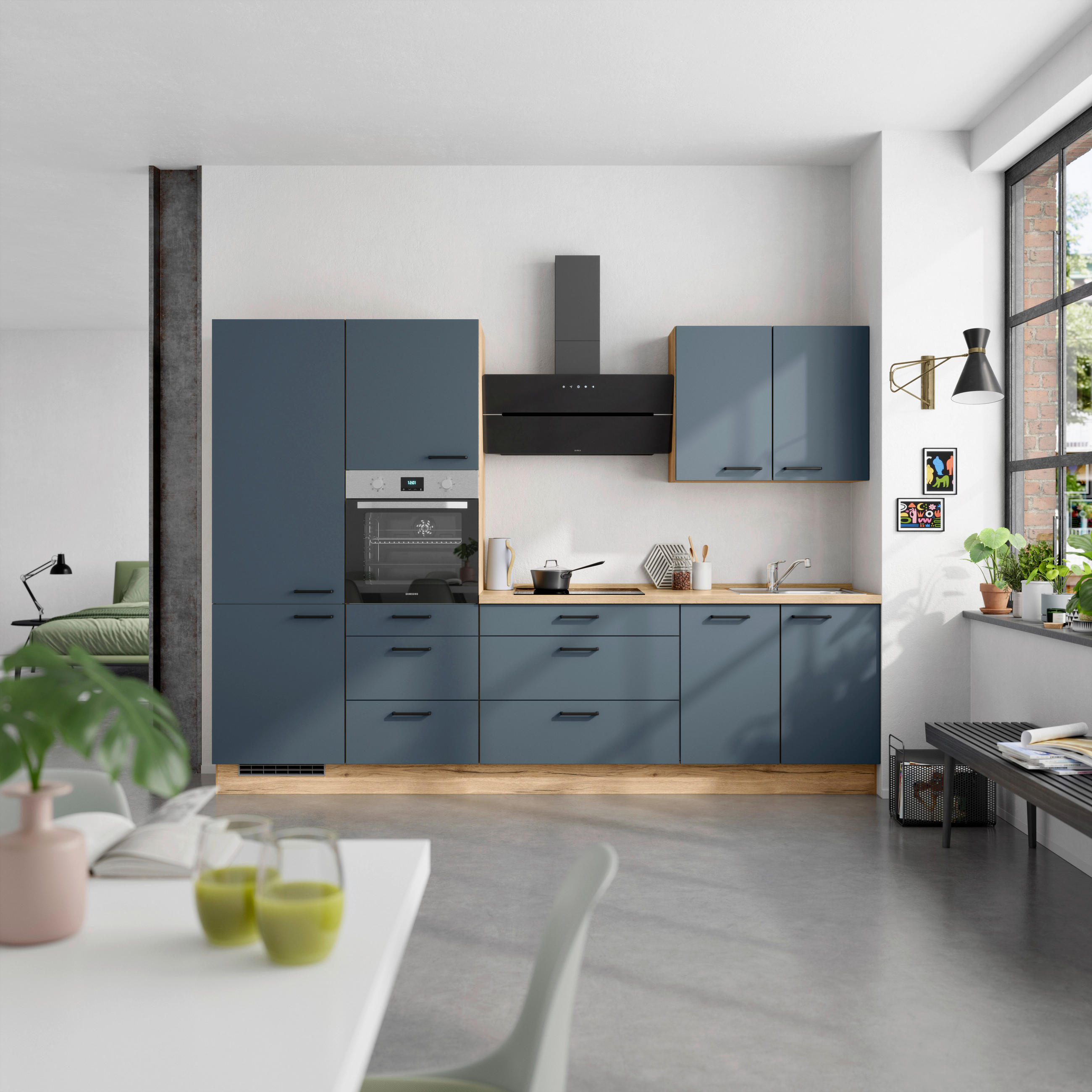 KÜCHENBLOCK 300 cm   in Eichefarben, Dunkelblau  - Eichefarben/Schwarz, MODERN, Holzwerkstoff/Metall (300cm) - Nobilia