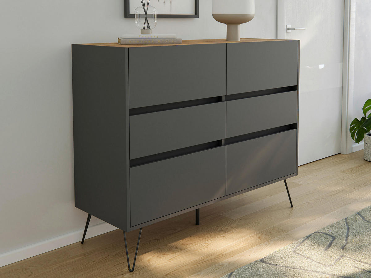 SIDEBOARD Posseik Industrial 120/93,6/42 cm 6 Schublade(n)  - Eichefarben/Graphitfarben, Design, Holzwerkstoff/Metall (120/93,6/42cm) - MID.YOU