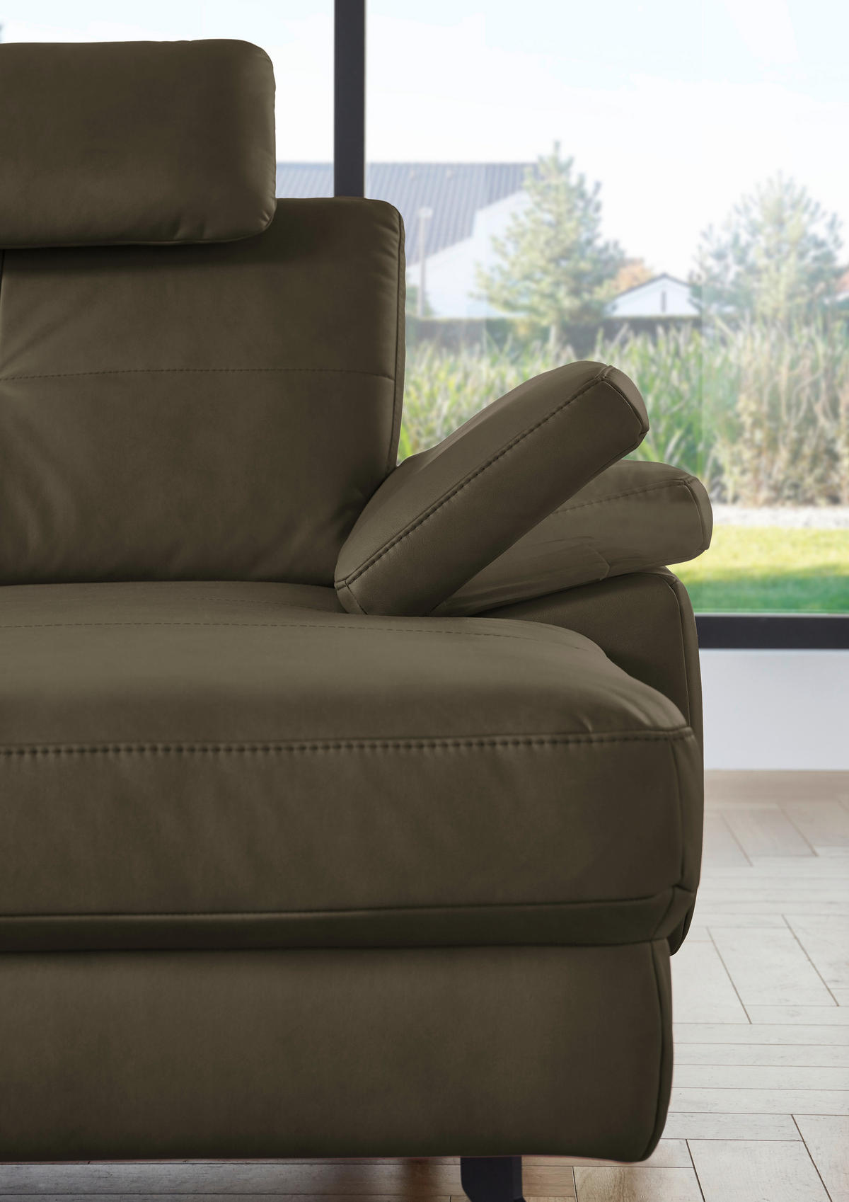 WOHNLANDSCHAFT in Lederlook, Mikrofaser Olivgrün  - Schwarz/Olivgrün, Design, Textil/Metall (220/345cm) - Beldomo System
