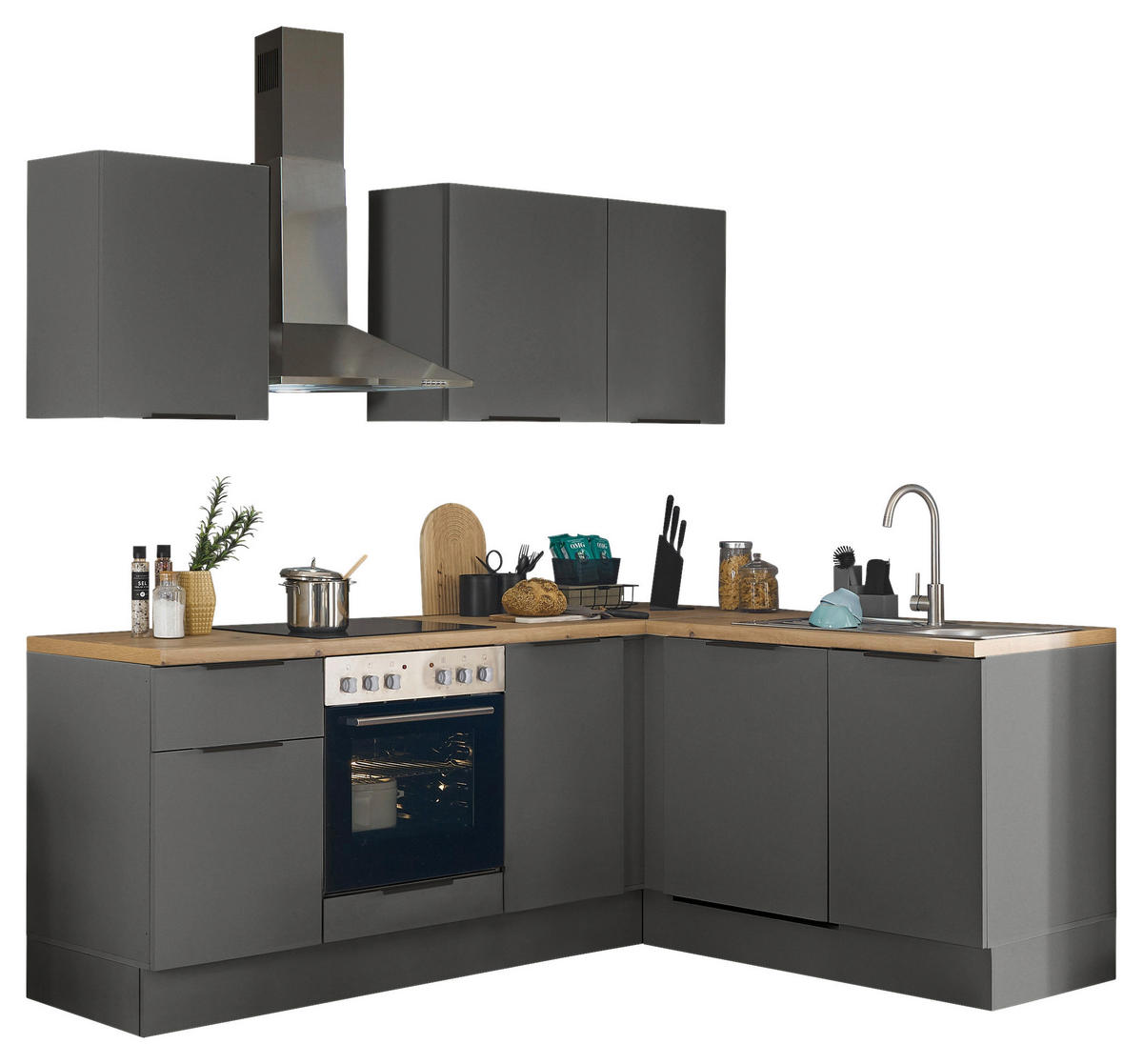 ECKKÜCHE 220/175 cm  in Graphitfarben  - Schwarz/Graphitfarben, Basics, Holzwerkstoff/Metall (220/175cm) - Carryhome