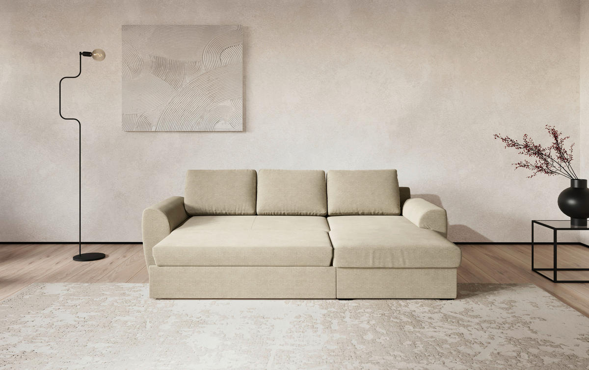 ECKSOFA Beige Cord Zierkissen, Bettkasten  - Beige/Schwarz, Trend, Kunststoff/Textil (253/154cm) - MID.YOU