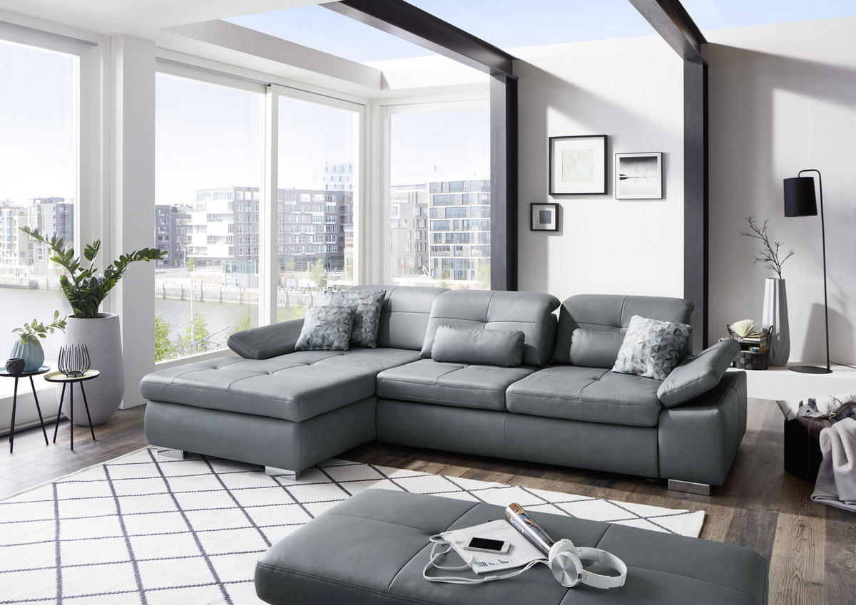 ECKSOFA in Echtleder Grau  - Alufarben/Grau, Design, Leder/Metall (195/309cm) - Beldomo Premium
