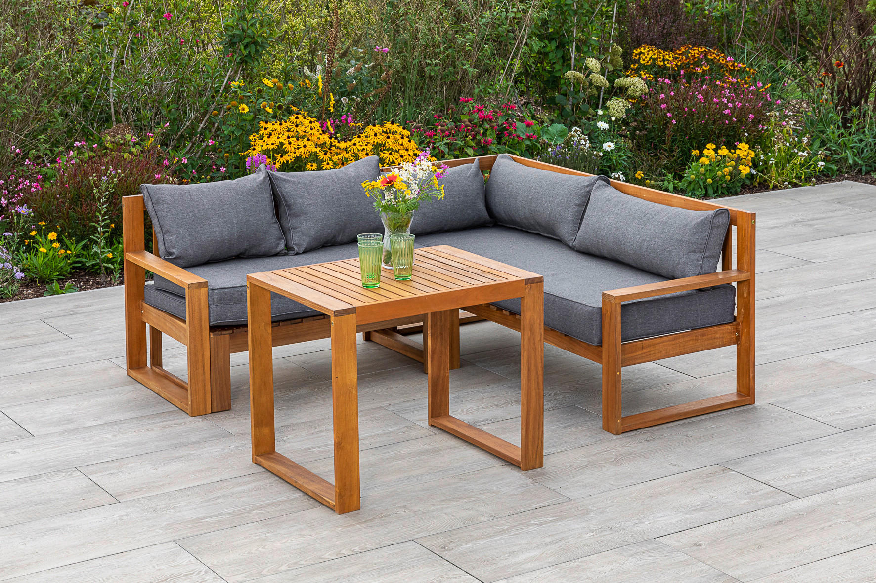 LOUNGEGARNITUR Akazie massiv  - Naturfarben/Grau, MODERN, Holz (182/166/62,5cm) - Gardenson