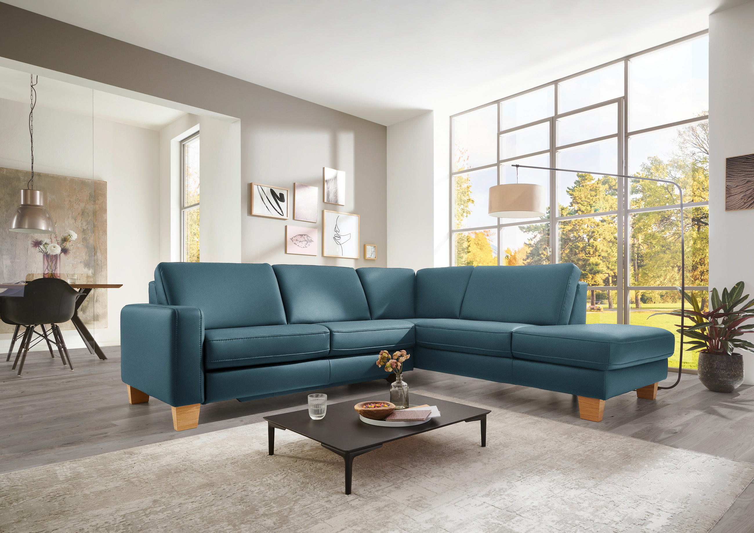 ECKSOFA in Echtleder Blau  - Blau/Eiche Bianco, Konventionell, Leder/Holz (257/235cm) - Valdera
