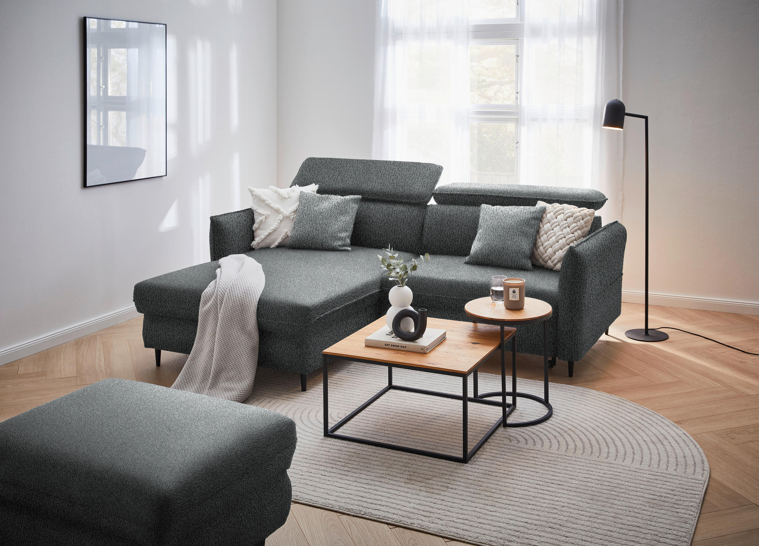 ECKSOFA in Flachgewebe Dunkelgrau  - Dunkelgrau/Schwarz, Design, Holz/Textil (185/232cm) - Stylife