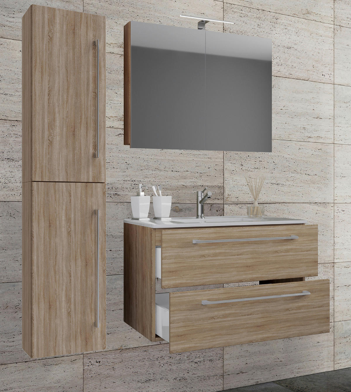 BADEZIMMER 4-teilig  in 113 cm  - Alufarben/Weiß, MODERN, Keramik/Holzwerkstoff (113cm) - MID.YOU