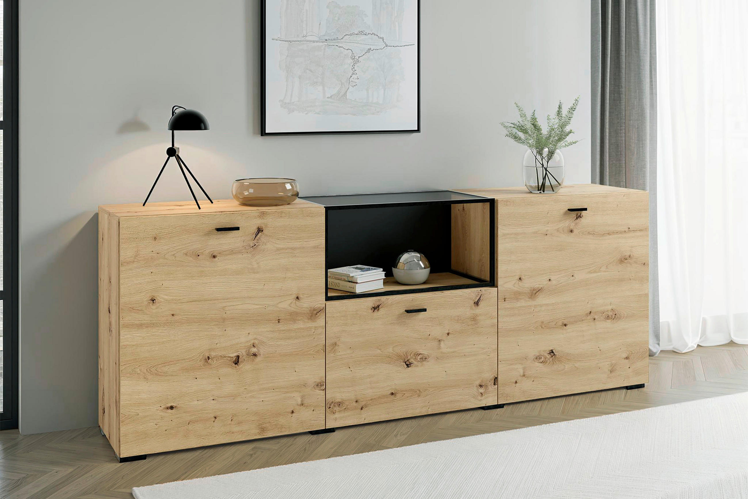SIDEBOARD  in 200/75,5/37,5 cm  - Schwarz/Eiche Artisan, Design, Holzwerkstoff/Kunststoff (200/75,5/37,5cm) - MID.YOU