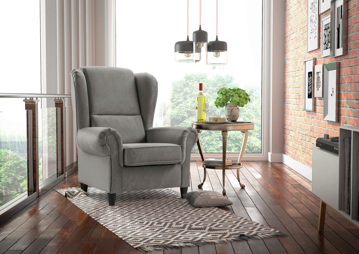 OHRENSESSEL in Plüsch Grau  - Schwarz/Grau, Design, Holz/Textil (94/112/92cm) - MID.YOU