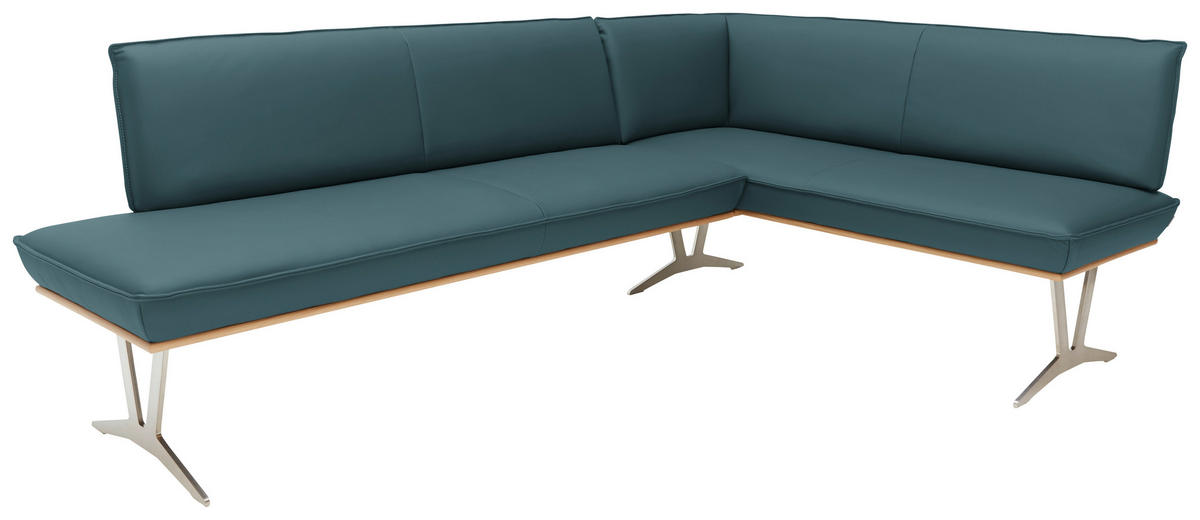 ECKBANK in Holz, Metall, Leder Grün, Blau  - Blau/Edelstahlfarben, Design, Leder/Holz (217/152cm) - Ambiente
