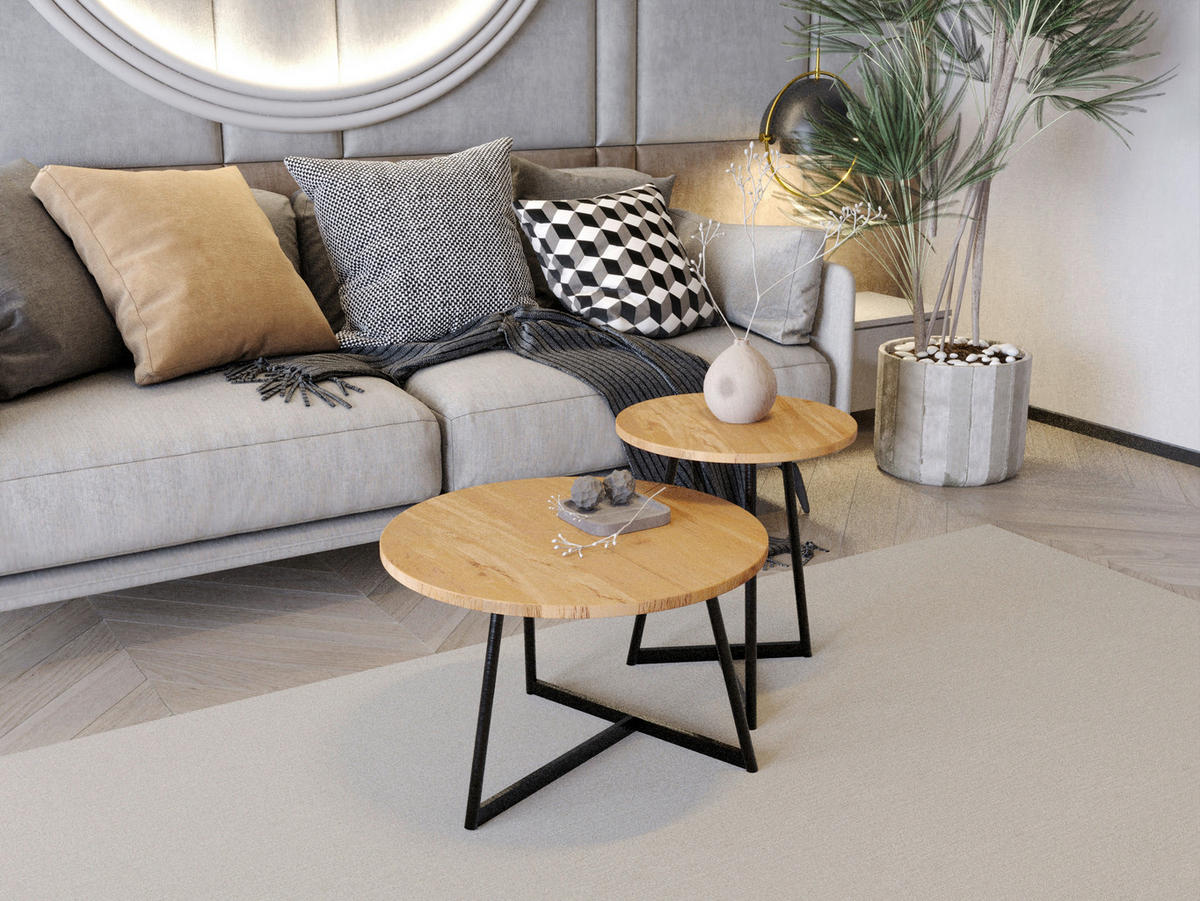 COUCHTISCHSET Wildeiche 60/60/40 cm rund Schwarz, Wildeiche  - Wildeiche/Schwarz, Trend, Holz/Metall (60/60/40cm) - Boxxx