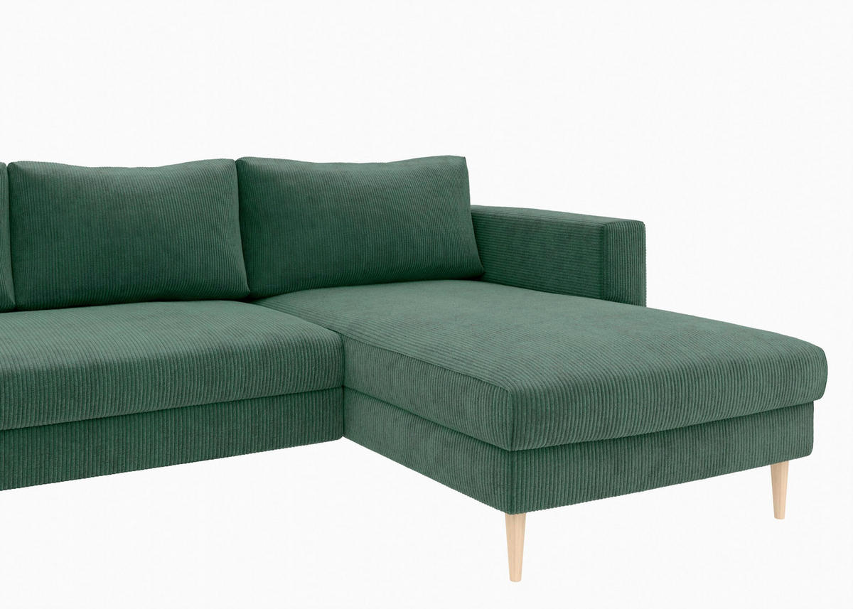 WOHNLANDSCHAFT Dunkelgrün Cord  - Dunkelgrün/Buchefarben, MODERN, Holz/Textil (161/306/161cm) - Trendmanufaktur