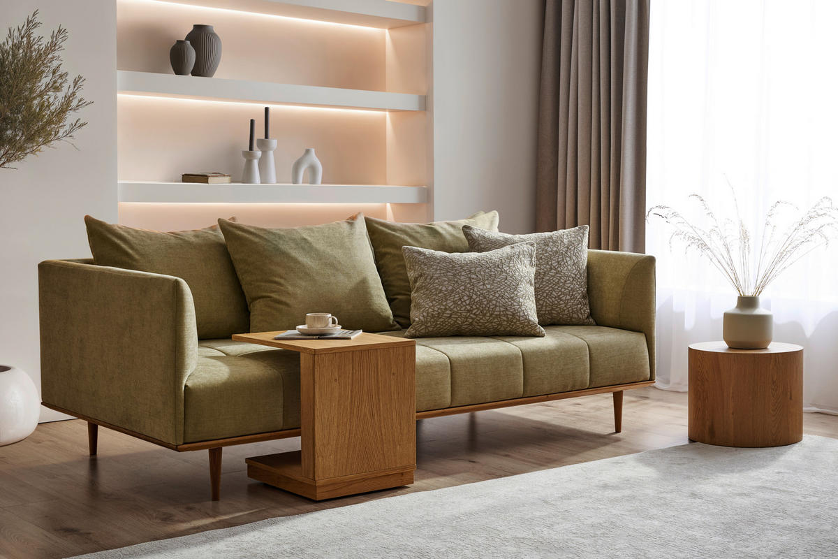 BIGSOFA  in Flachgewebe Grün  - Eichefarben/Grün, Design, Holz/Textil (220/77/120cm) - Joka