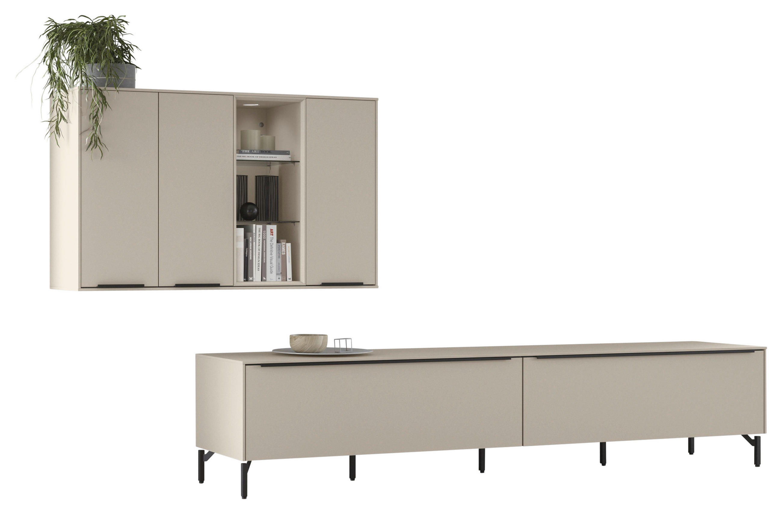 WOHNWAND  in Sandfarben  280/160/48,5 cm  - Sandfarben/Schwarz, Design, Glas/Holzwerkstoff (280/160/48,5cm) - Celina Home