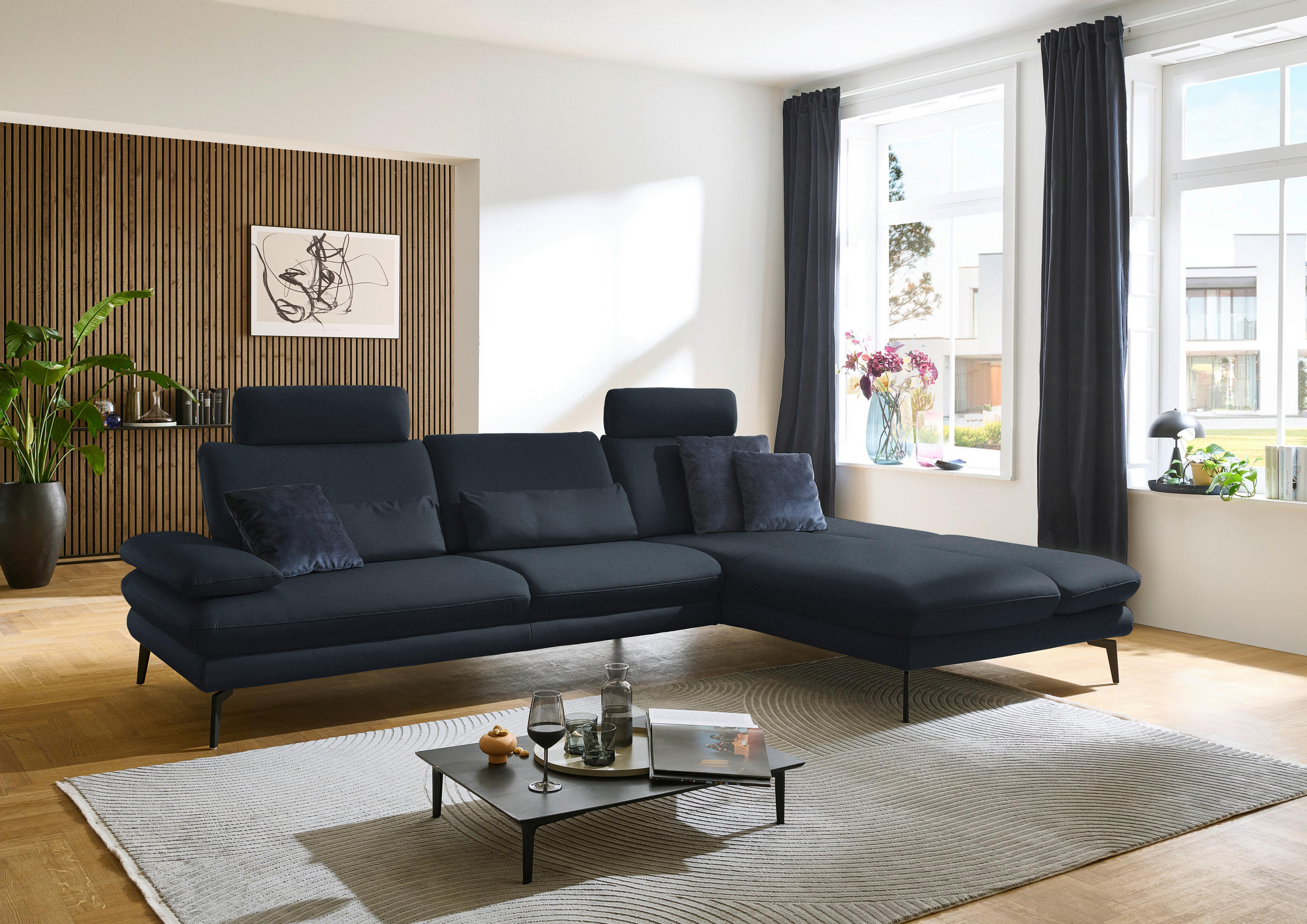 ECKSOFA in Echtleder Dunkelblau  - Schwarz/Dunkelblau, Design, Leder/Metall (308/195cm) - Dieter Knoll