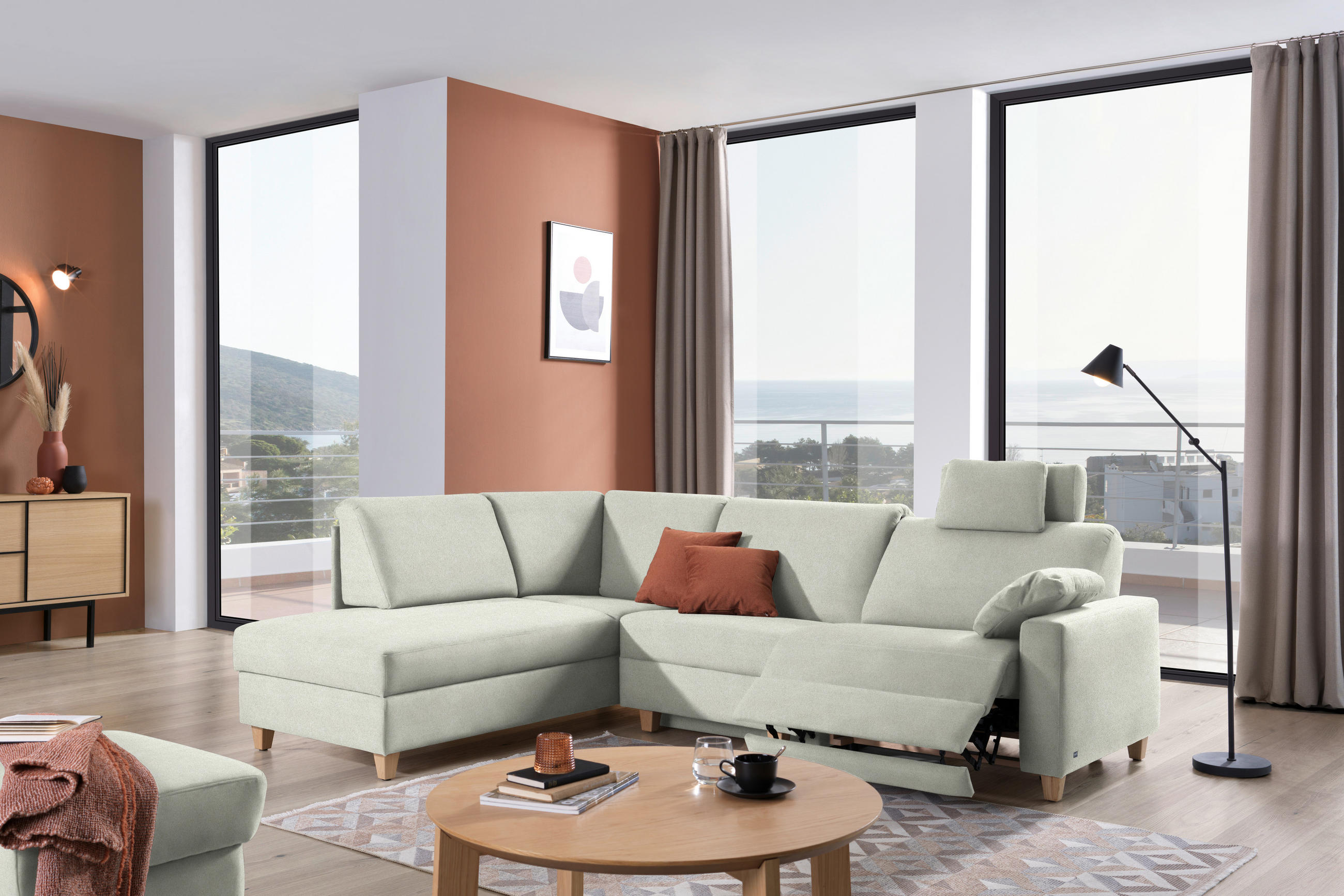 ECKSOFA in Flachgewebe Silberfarben  203/261 cm  - Eichefarben/Silberfarben, KONVENTIONELL, Holz/Textil (203/261cm) - Sedda