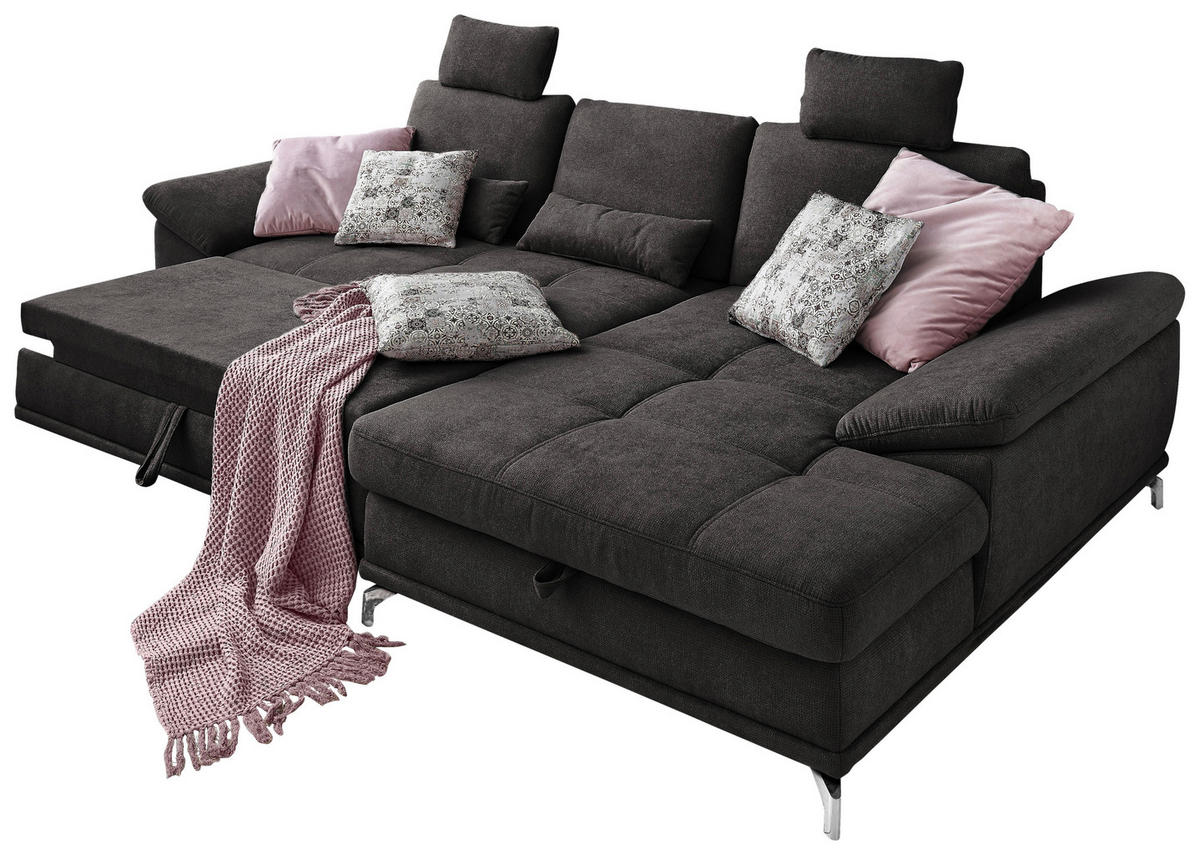 ECKSOFA Flachgewebe Schwarz  - Silberfarben/Schwarz, Konventionell, Textil/Metall (301/176cm) - Sit & More