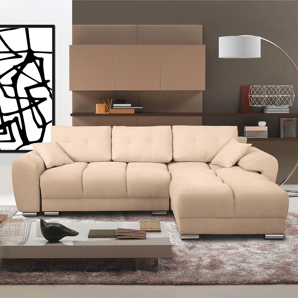 ECKSOFA in Mikrofaser Beige  - Beige/Silberfarben, Design, Textil/Metall (256/175cm) - Livetastic