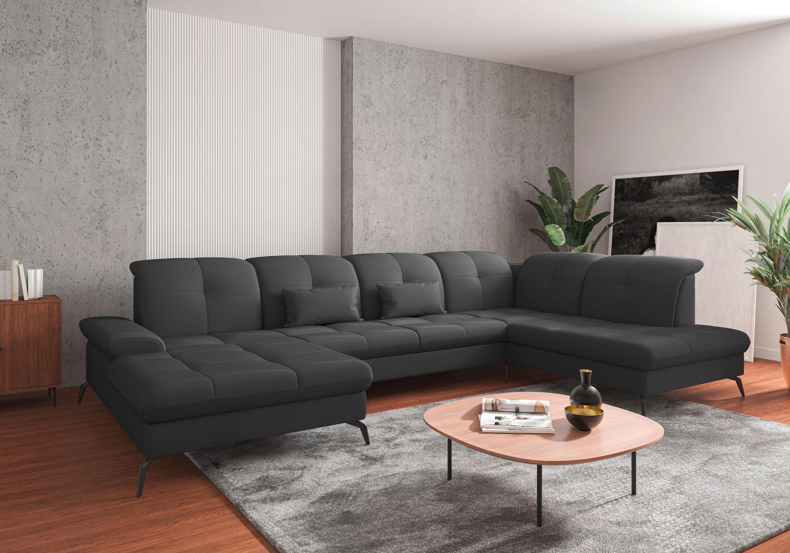 WOHNLANDSCHAFT Dunkelgrau Flachgewebe  - Dunkelgrau/Schwarz, KONVENTIONELL, Textil/Metall (185/357/231cm) - Sit & More