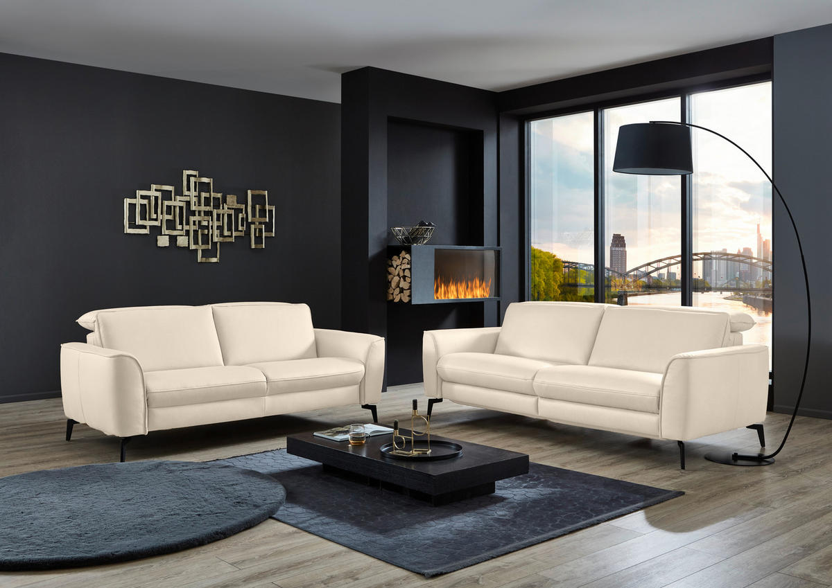 3-SITZER-SOFA in Leder Ecru  - Ecru/Schwarz, Natur, Leder/Metall (222/81/110cm) - Valdera