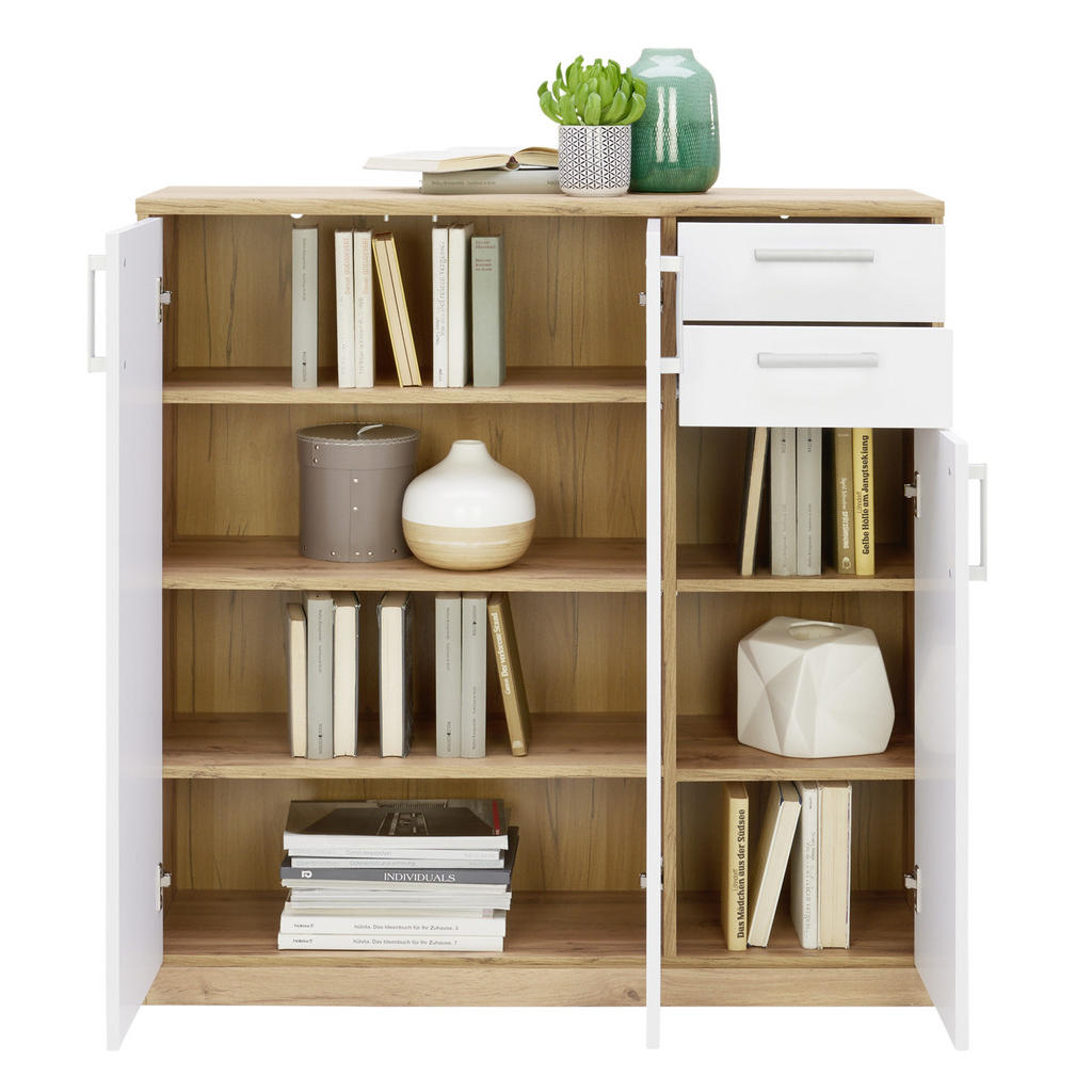 Thumbnail - Xora Kommode, Weiß, Eiche Wotan, Holzwerkstoff, 5 Fächer, 2 Schubladen, 106x110x36 cm, Beimöbel erhältlich, Garderobe, G...