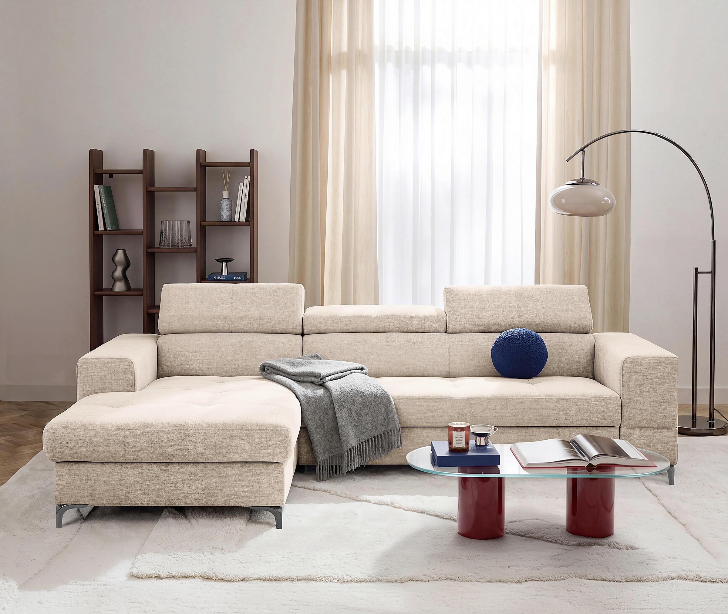 ECKSOFA TORINO Beige Chenille Bettkasten, Kopfteilverstellung  - Beige/Schwarzchrom, Design, Textil/Metall (173/247cm) - Livetastic