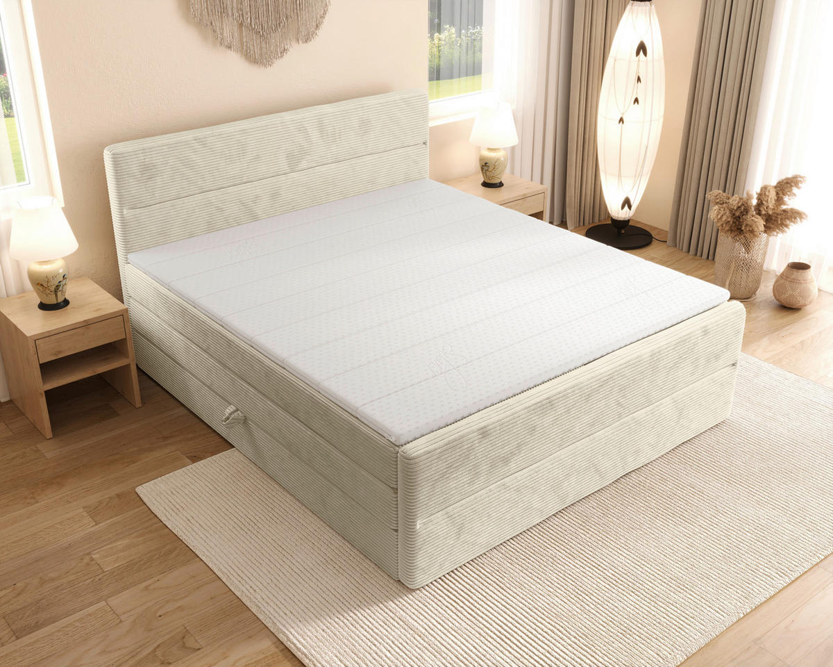 BOXSPRINGBETT 180/200 cm,  in Beige, gepolstertes Kopfteil, Bettkasten, Topper, Matratzen, H3 + H4 = fest + sehr fest  - Beige/Schwarz, KONVENTIONELL, Kunststoff/Textil (180/200cm) - Chameo