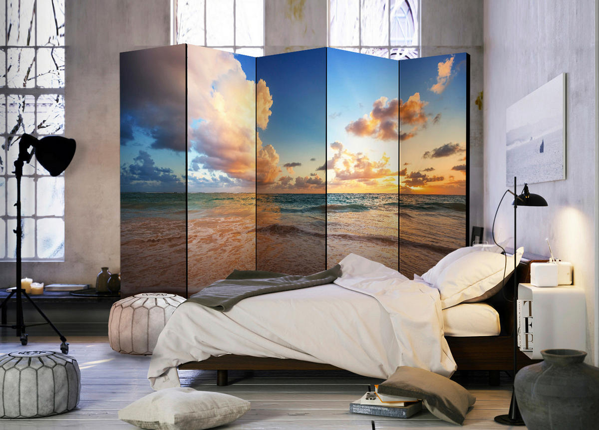 PARAVENT mit 5  Flügel - Sandfarben/Blau, Basics, Holz/Kunststoff (225/172/3cm) - artgeist
