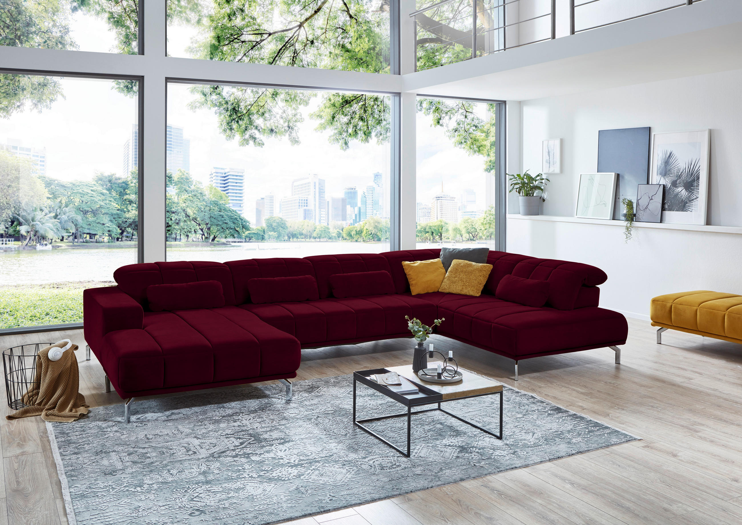 WOHNLANDSCHAFT Beere Velours  - Beere/Schwarz, Design, Textil/Metall (195/383/219cm) - Beldomo Style