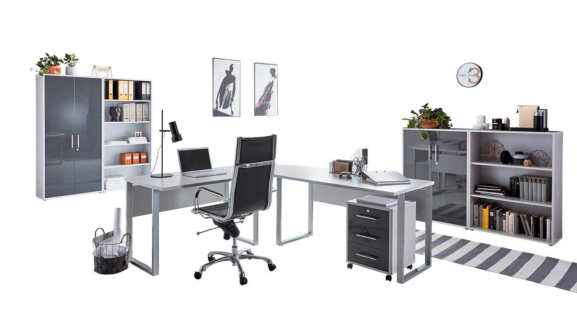 BÜRO erweiterbar, in verschiedenen Holz-Dekoren erhältlich, Schreibtisch seitenverkehrt montierbar, abschließbar Grau, Anthrazit Hochglanz - Anthrazit Hochglanz/Grau, MODERN, Holzwerkstoff - MID.YOU