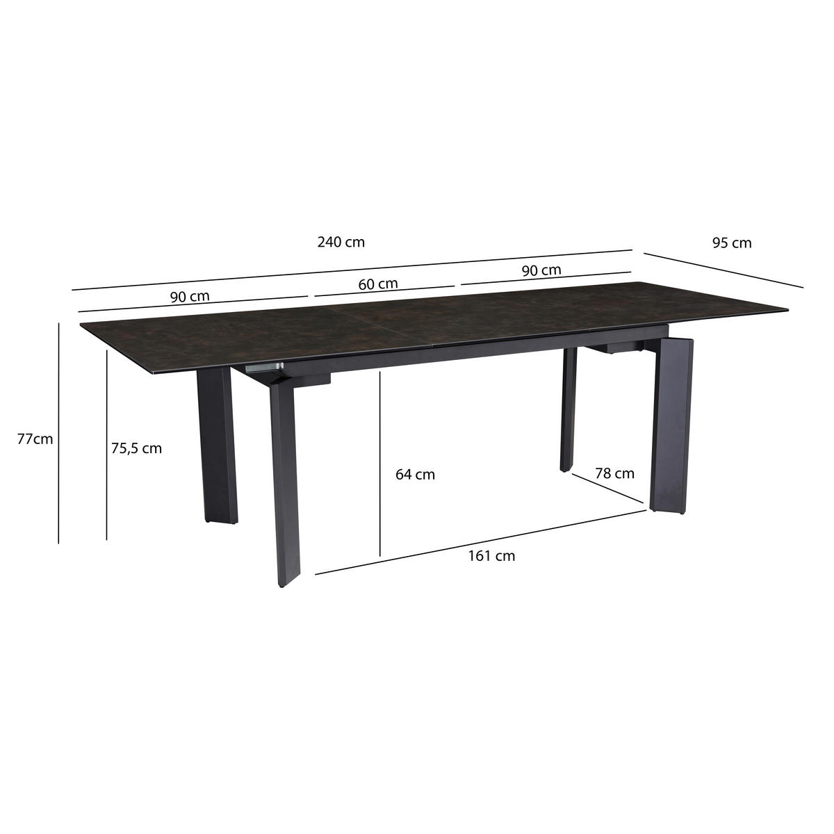 ESSTISCH in Keramik 180/95/77 cm  - Schwarz, Design, Keramik/Metall (180/95/77cm) - MID.YOU